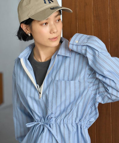 條紋 腰部蝴蝶結 半拉鍊長袖襯衫