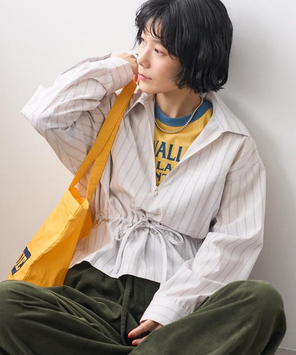 條紋 腰部蝴蝶結 半拉鍊長袖襯衫