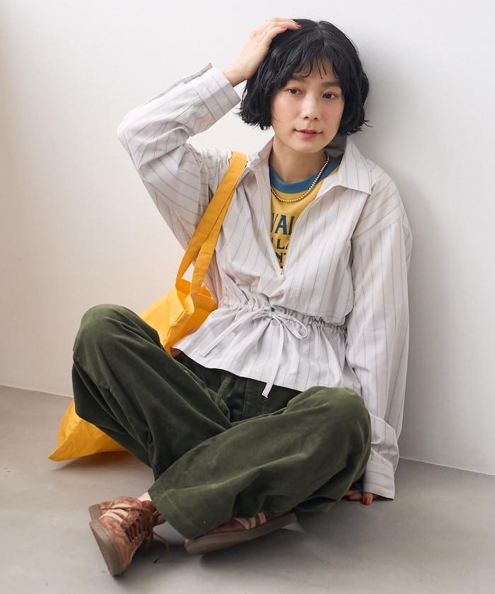 條紋 腰部蝴蝶結 半拉鍊長袖襯衫