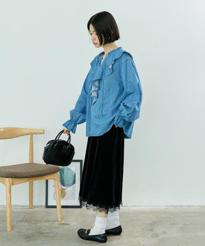 天絲荷葉邊褶飾襯衫