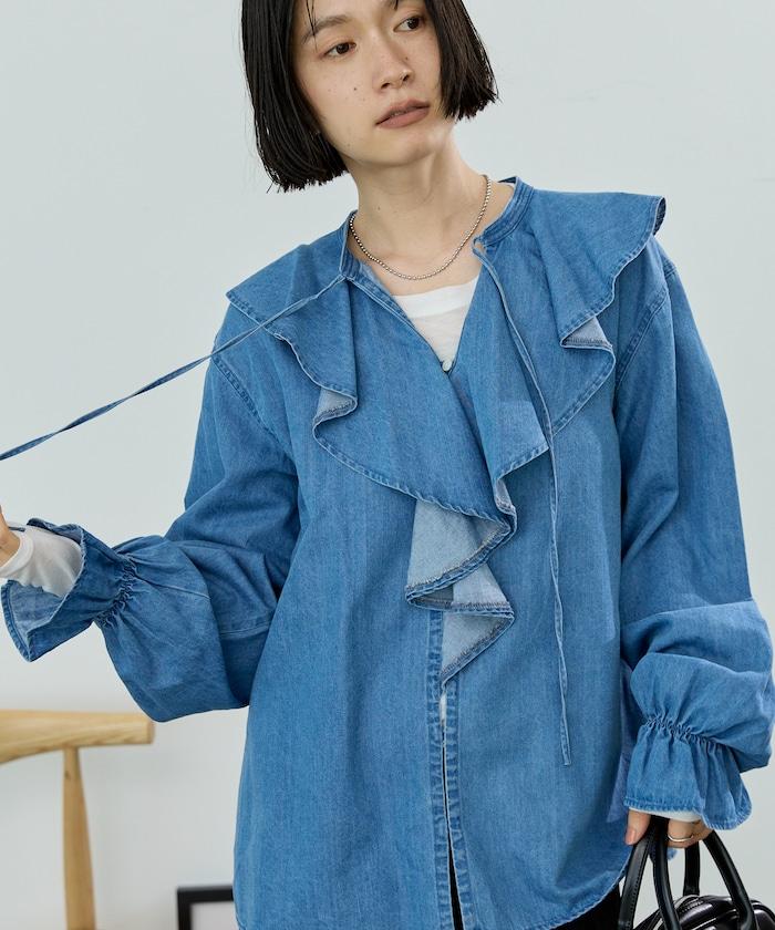 天絲荷葉邊褶飾襯衫