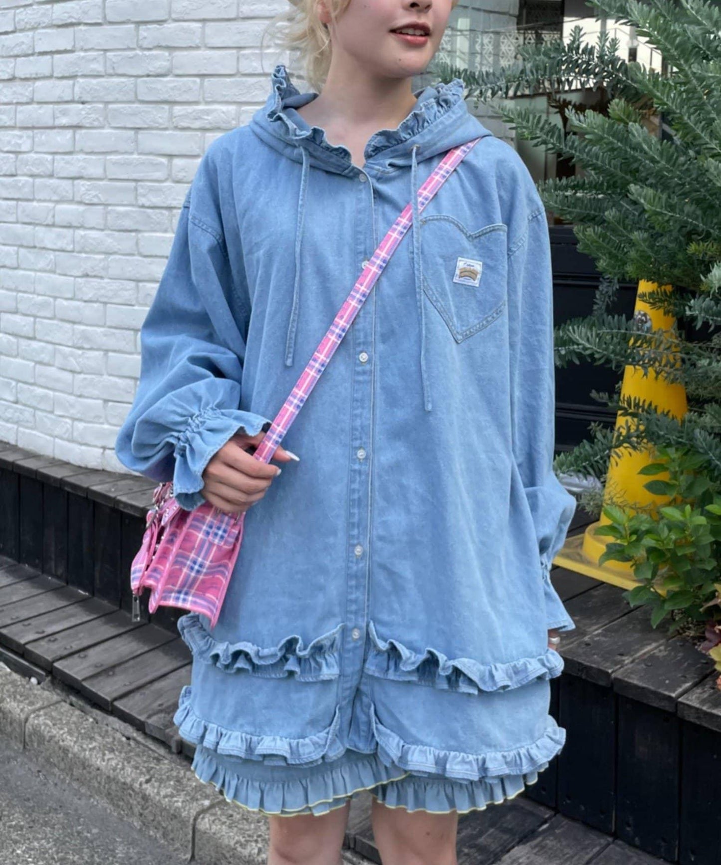 HELLO.SANFRANCISCO 牛仔連帽荷葉邊襯衫