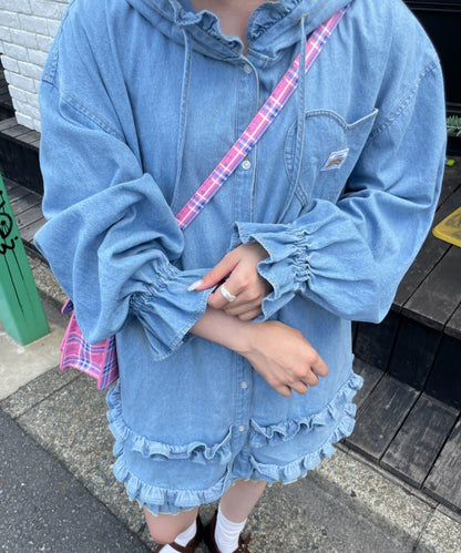 HELLO.SANFRANCISCO 牛仔連帽荷葉邊襯衫