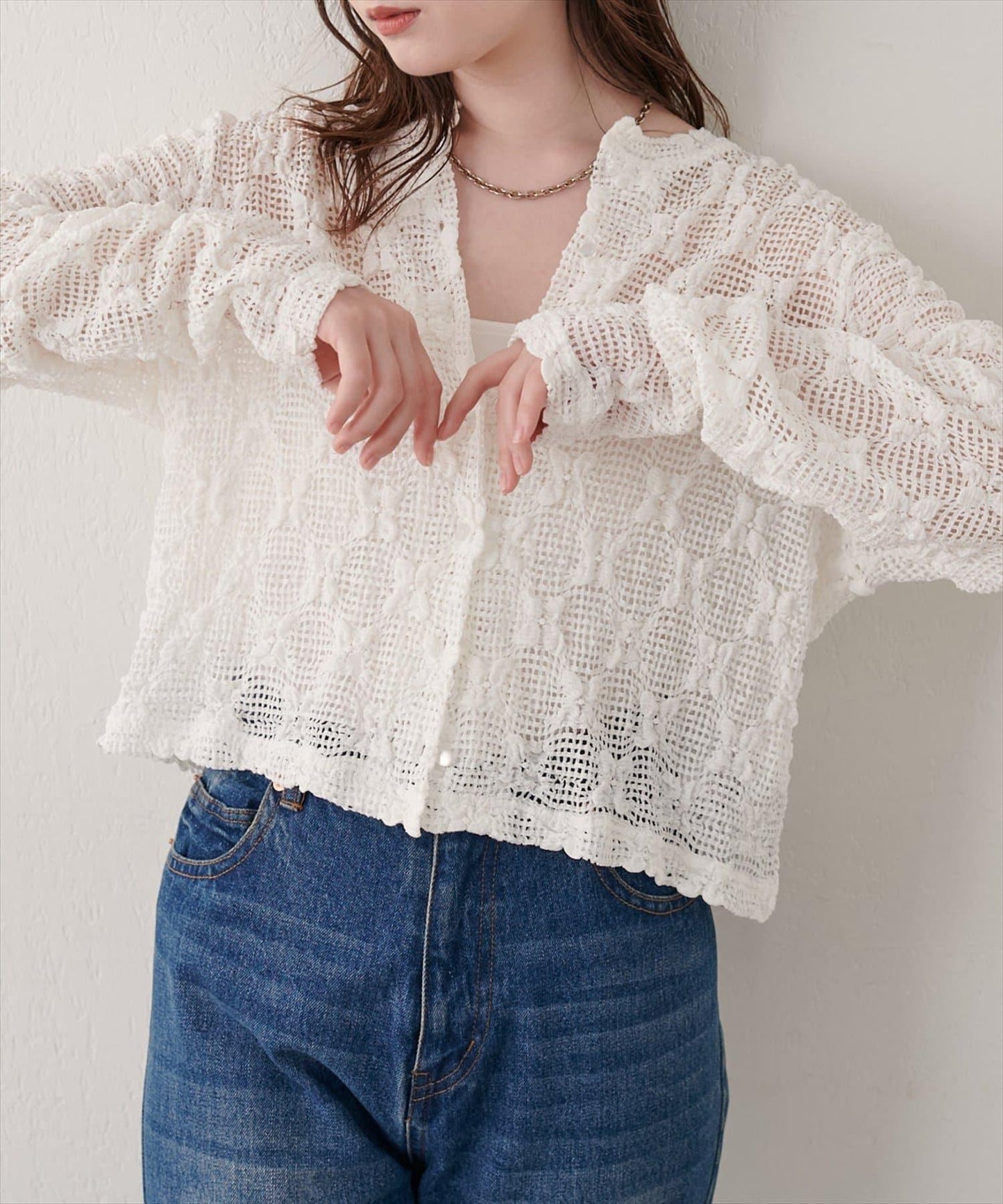花朵蕾絲剪裁針織開衫
