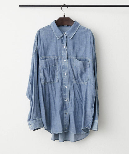 【Premium Sheer】可選領型牛仔拼色寬鬆襯衫