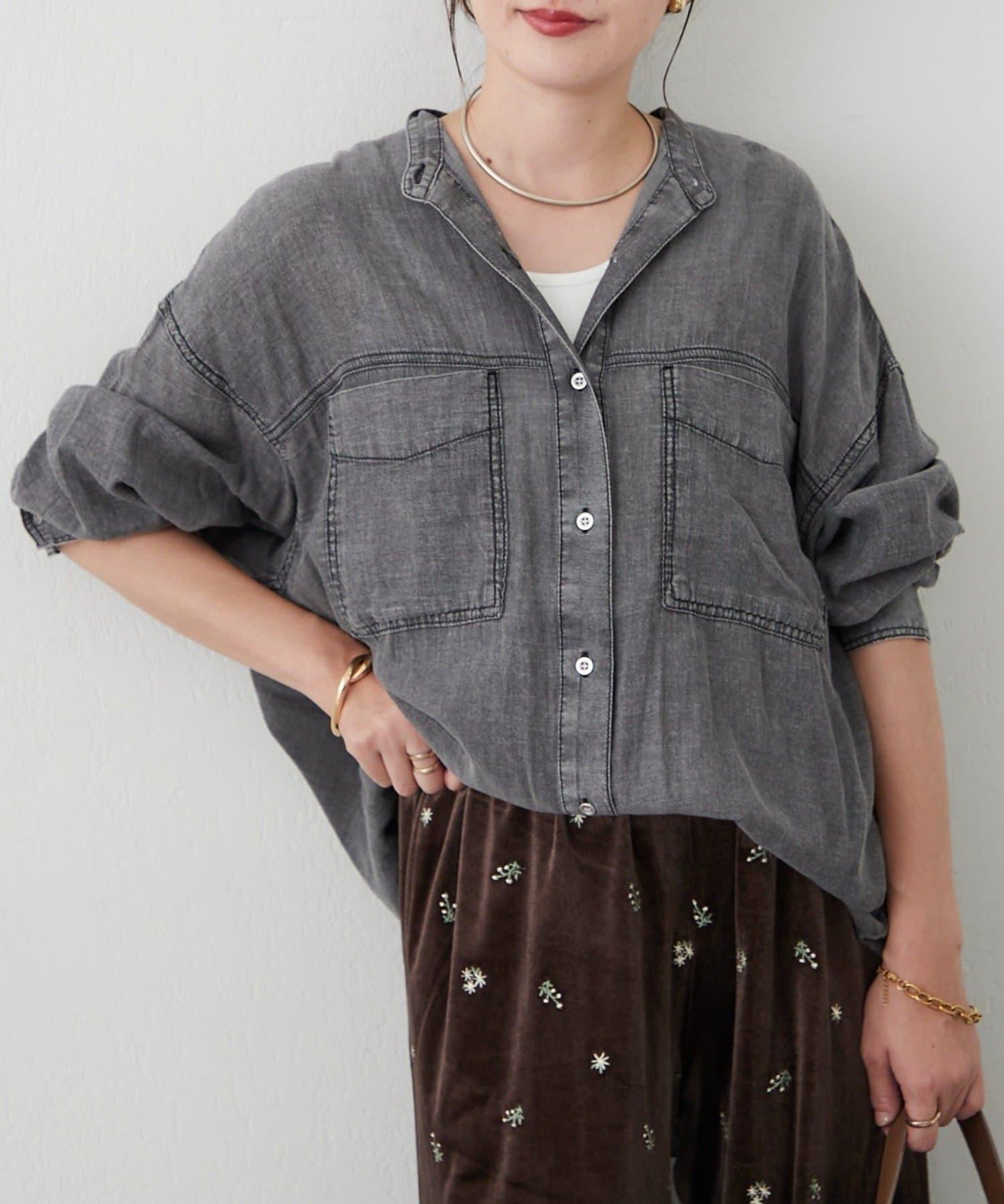 【Premium Sheer】可選領型牛仔拼色寬鬆襯衫