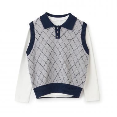 翻領菱格紋針織馬甲T恤套裝