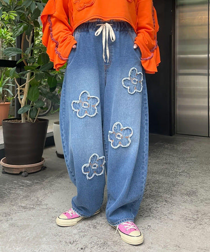 HELLO.SANFRANCISCO 花卉刺繡寬鬆牛仔褲