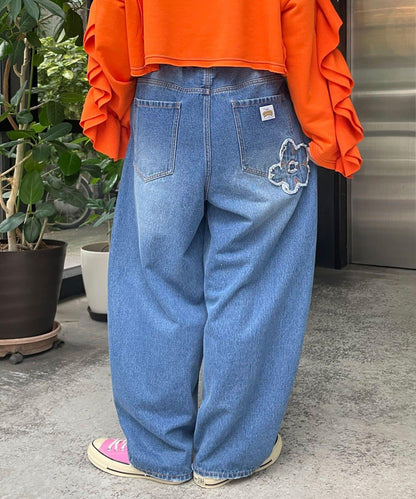 HELLO.SANFRANCISCO 花卉刺繡寬鬆牛仔褲