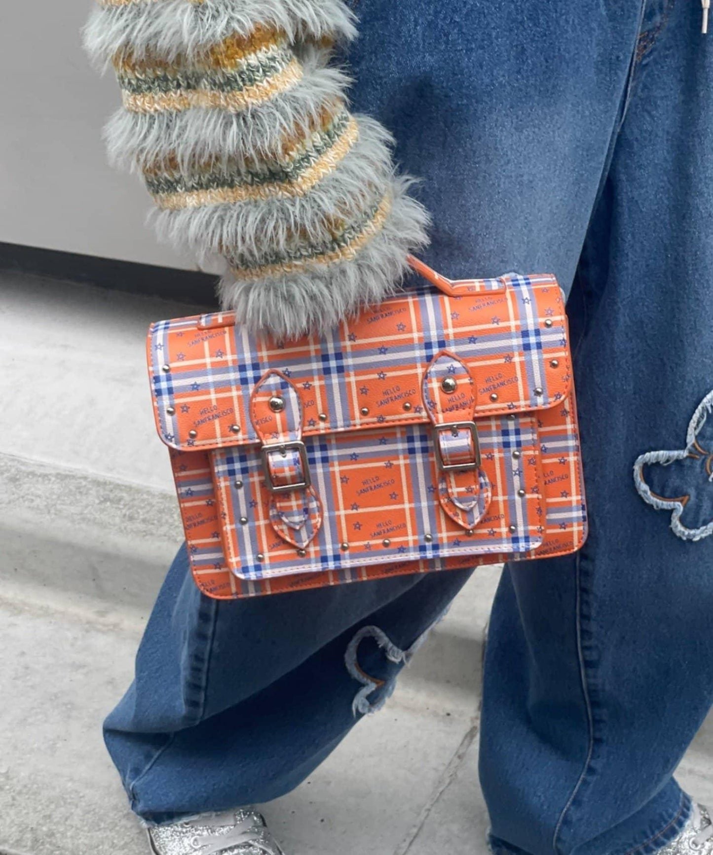 HELLO.SANFRANCISCO 格紋星標Logo斜挎包