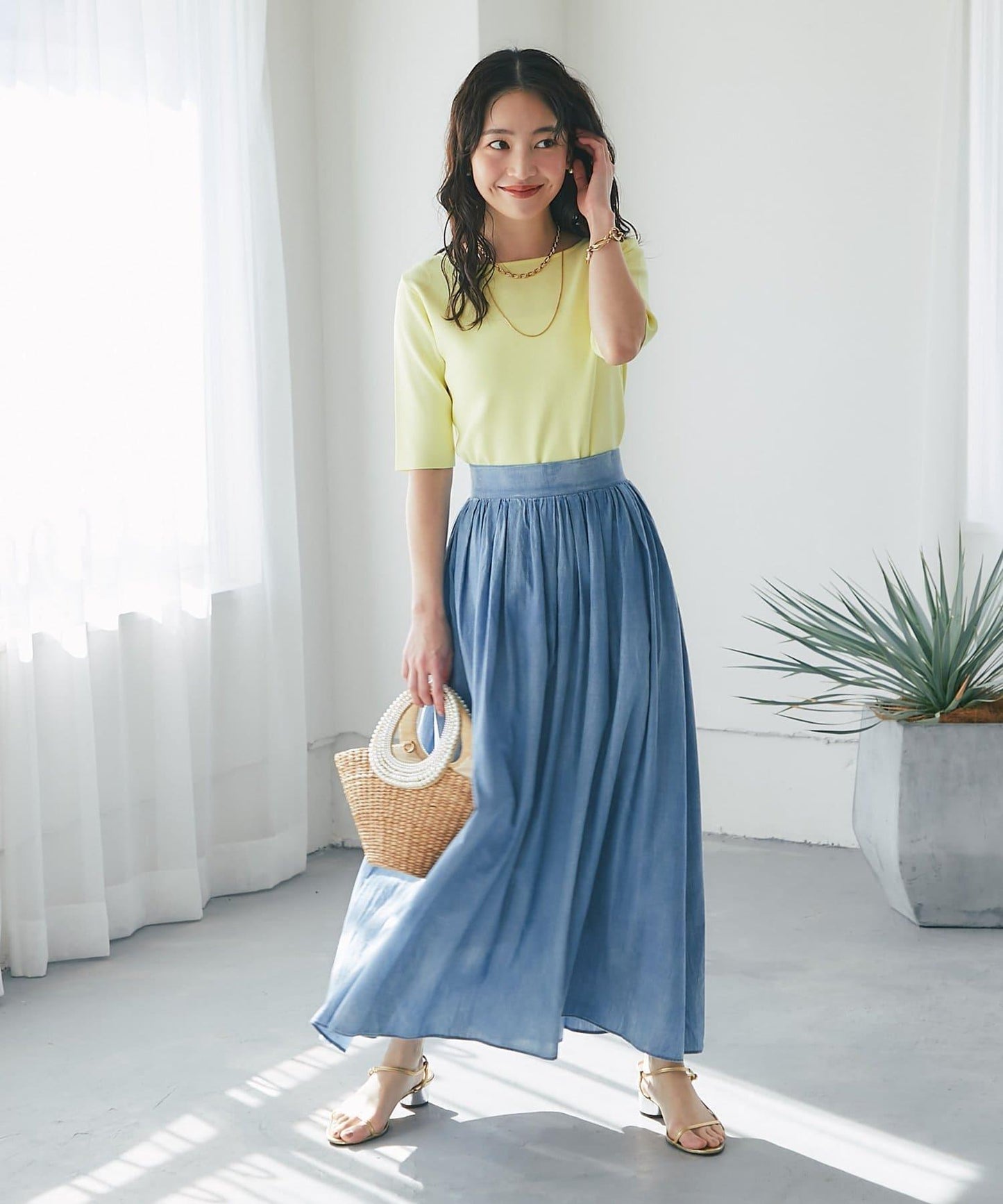 【La boutique BonBon】透視牛仔褶皺長半身裙