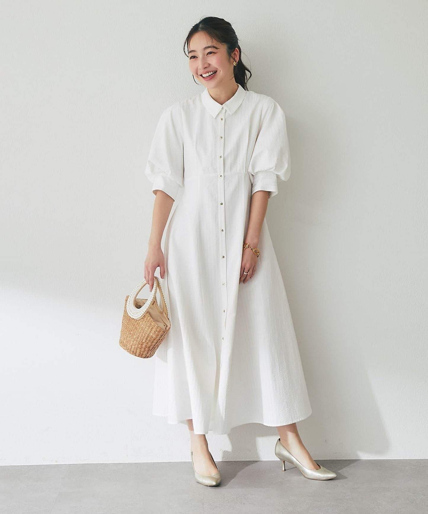 【La boutique BonBon】條紋喇叭襯衫連衣裙