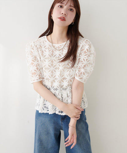 花朵刺繡 收腰下襬襯衫