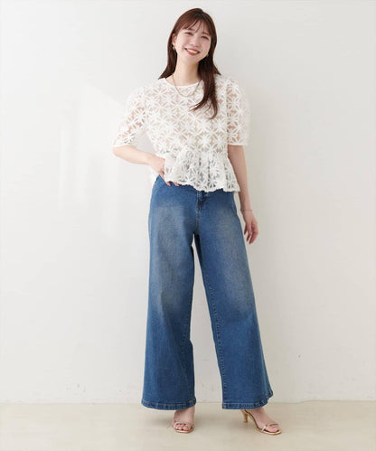 花朵刺繡 收腰下襬襯衫