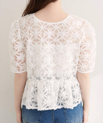 花朵刺繡 收腰下襬襯衫