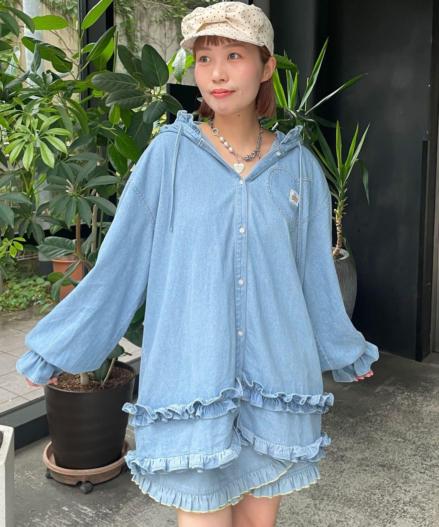 HELLO.SANFRANCISCO 牛仔連帽荷葉邊襯衫
