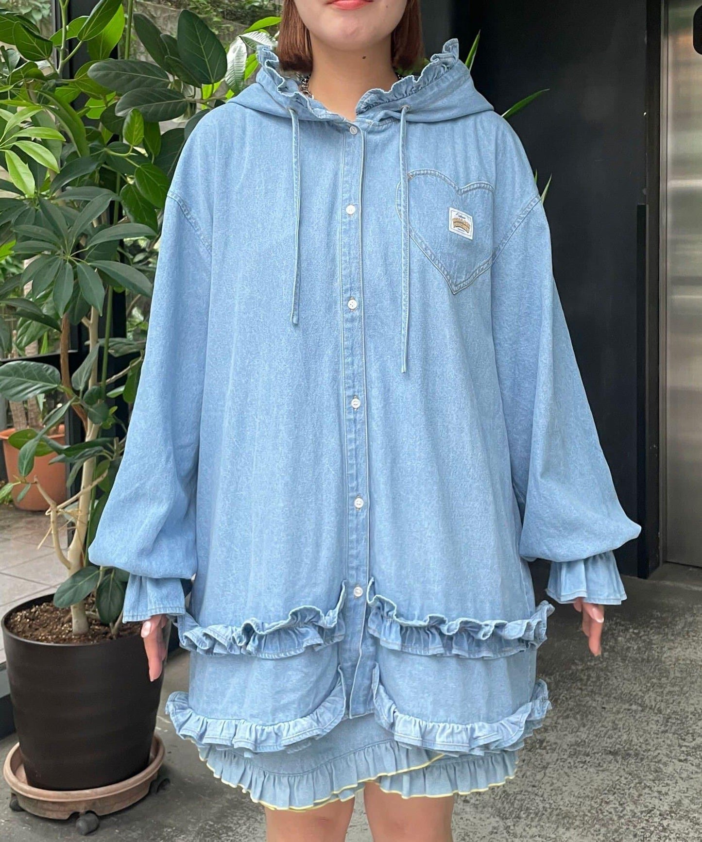 HELLO.SANFRANCISCO 牛仔連帽荷葉邊襯衫