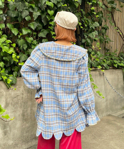 HELLO.SANFRANCISCO/ハローサンフランシスコ 格紋荷葉邊大翻領 罩衫