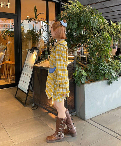 HELLO.SANFRANCISCO/ハローサンフランシスコ 格紋荷葉邊大翻領 罩衫