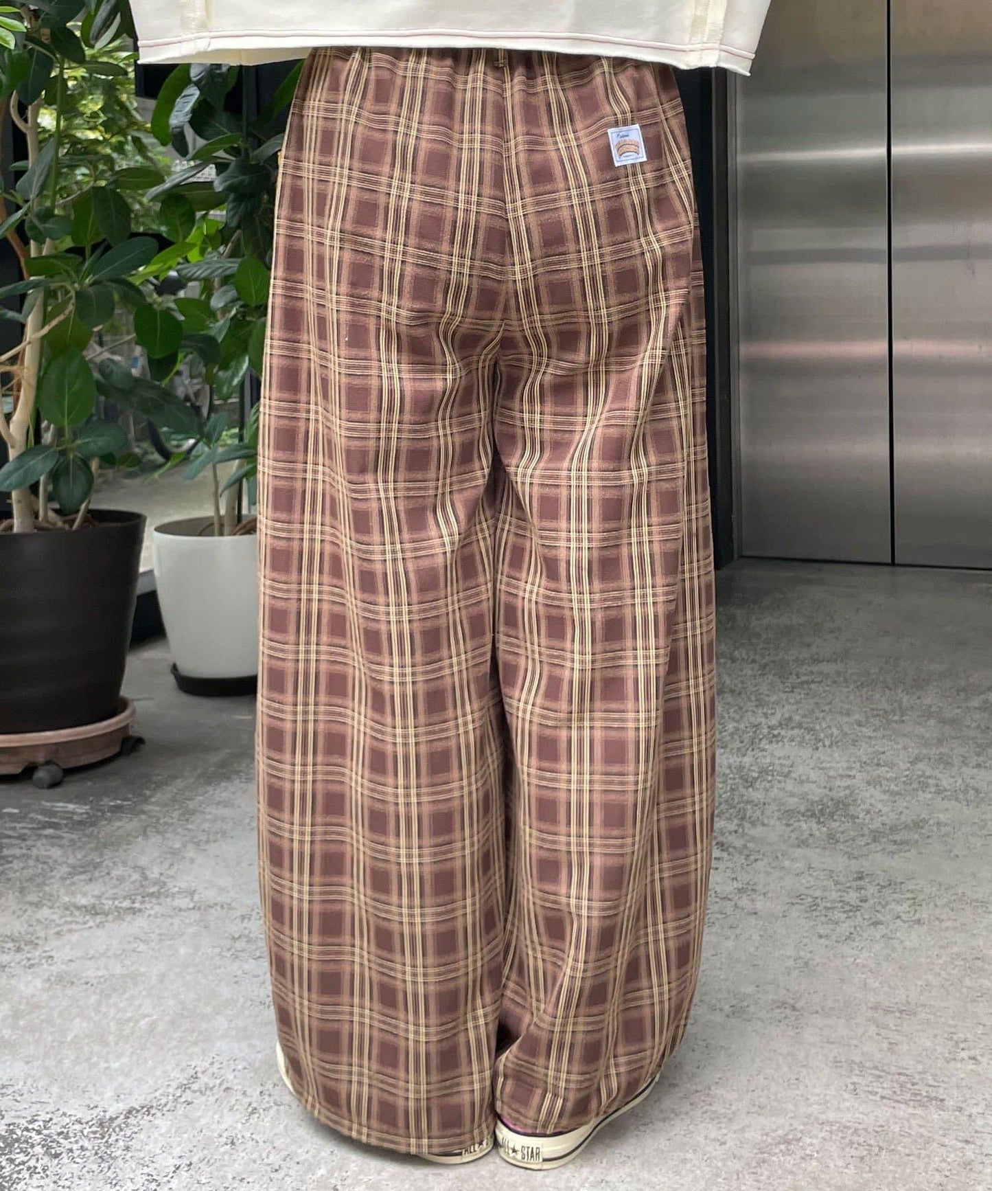 HELLO.SANFRANCISCO 格紋荷葉邊口袋闊腿褲