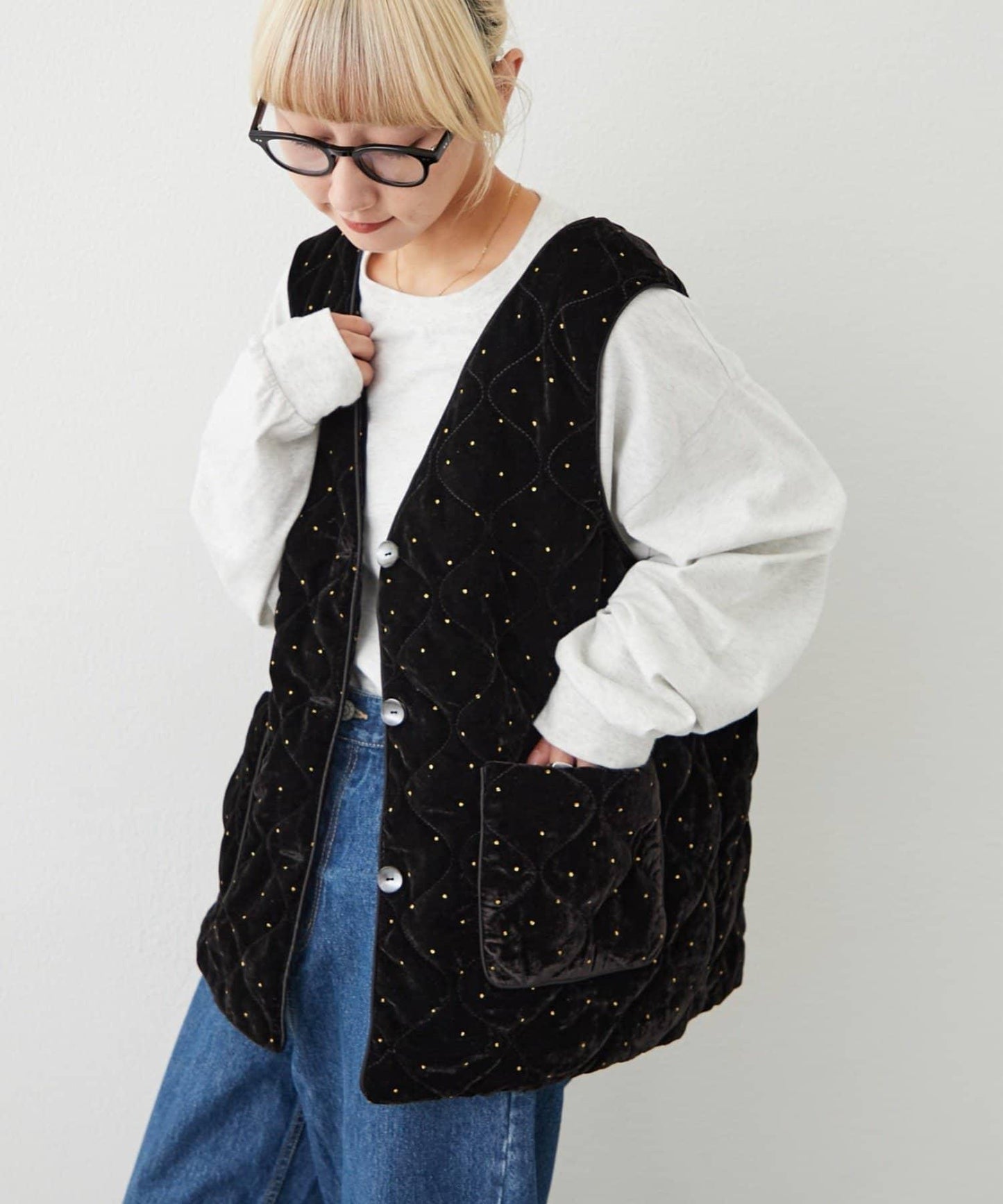 Aguni 絲絨亮片圓點印花絎縫馬甲
