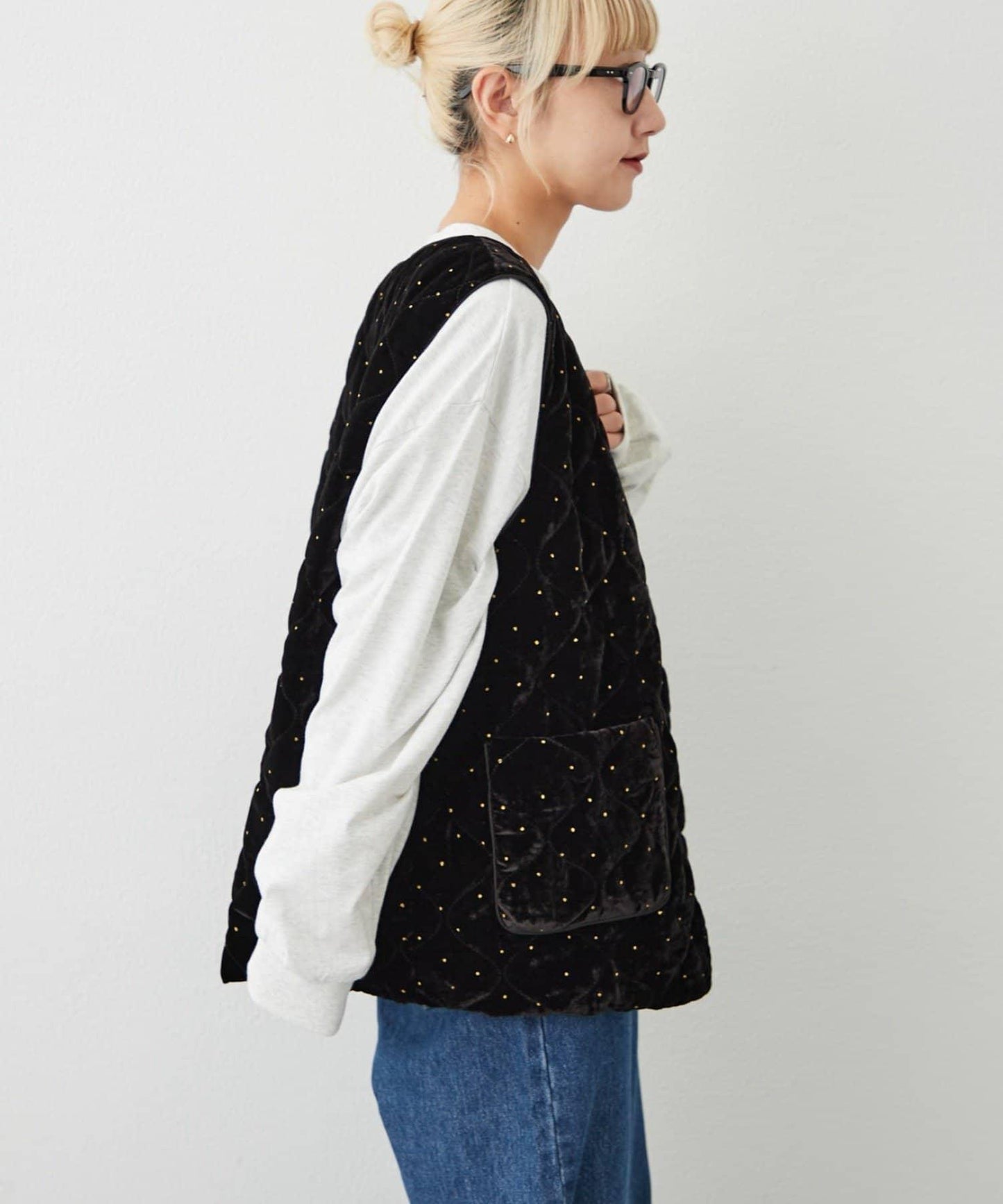 Aguni 絲絨亮片圓點印花絎縫馬甲