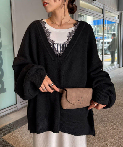 深V蕾絲拼接寬鬆針織衫