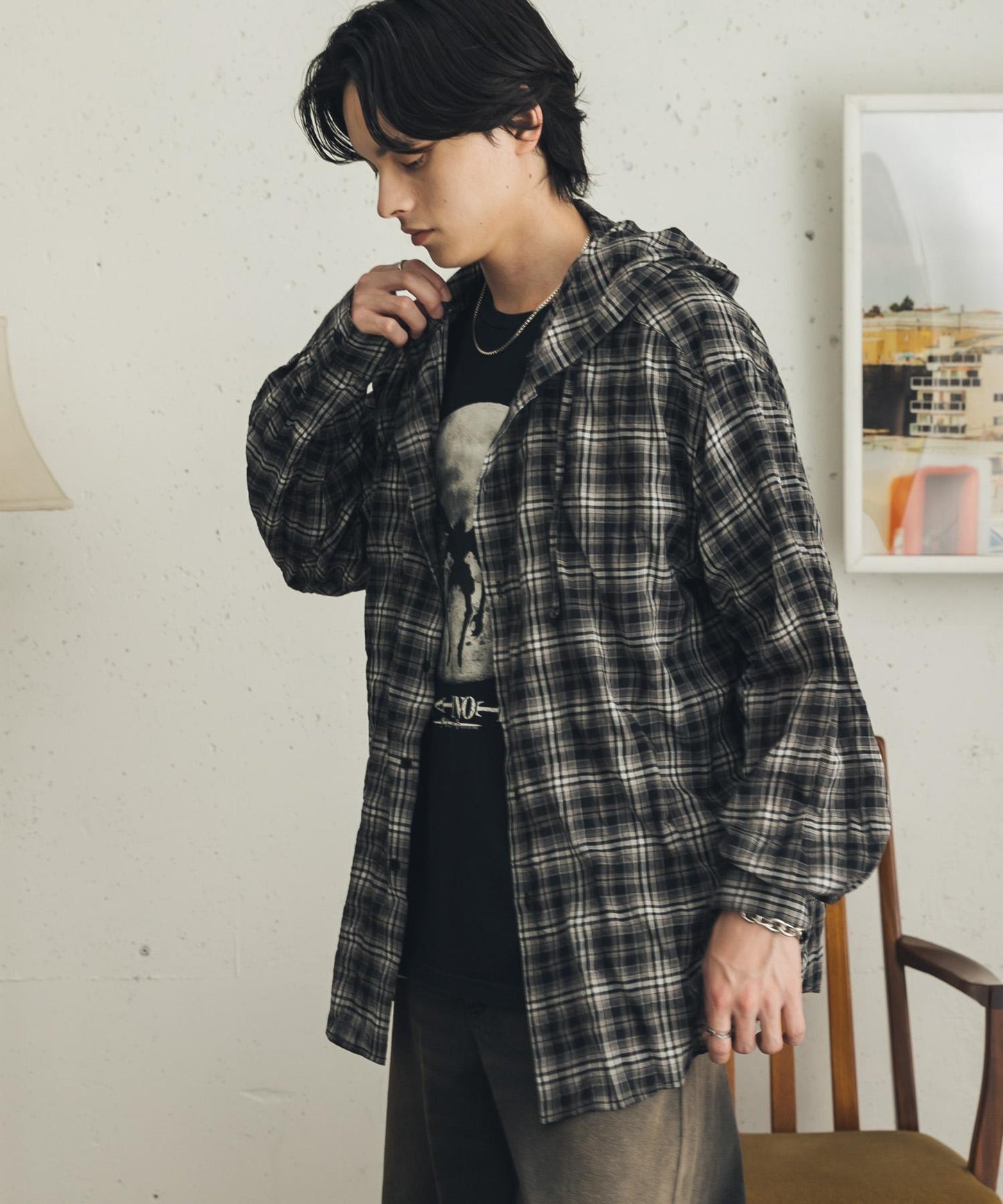 チェックシアーフーディーシャツ