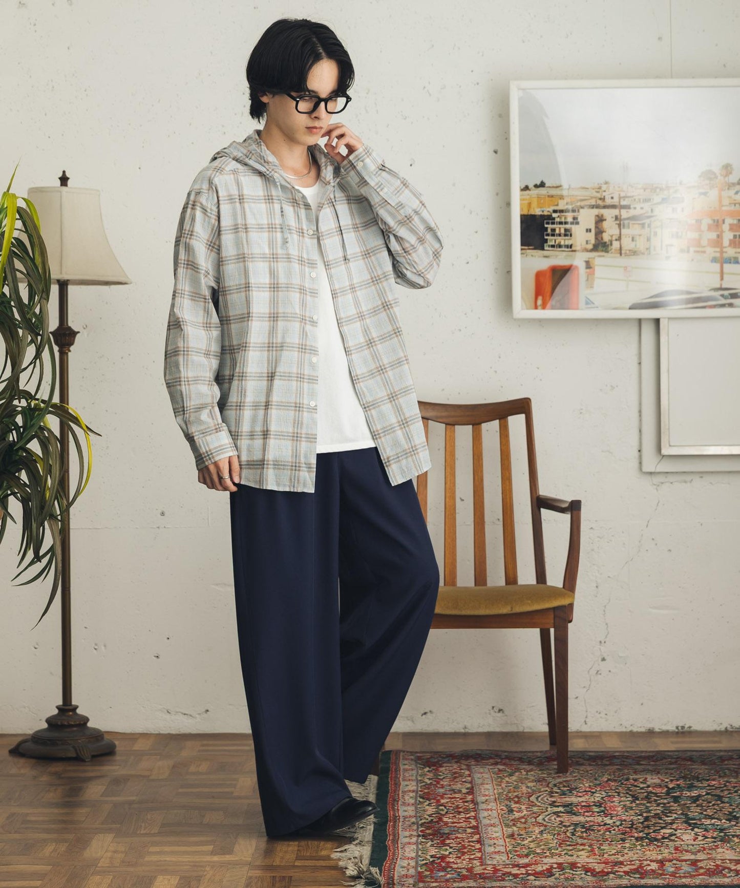 チェックシアーフーディーシャツ