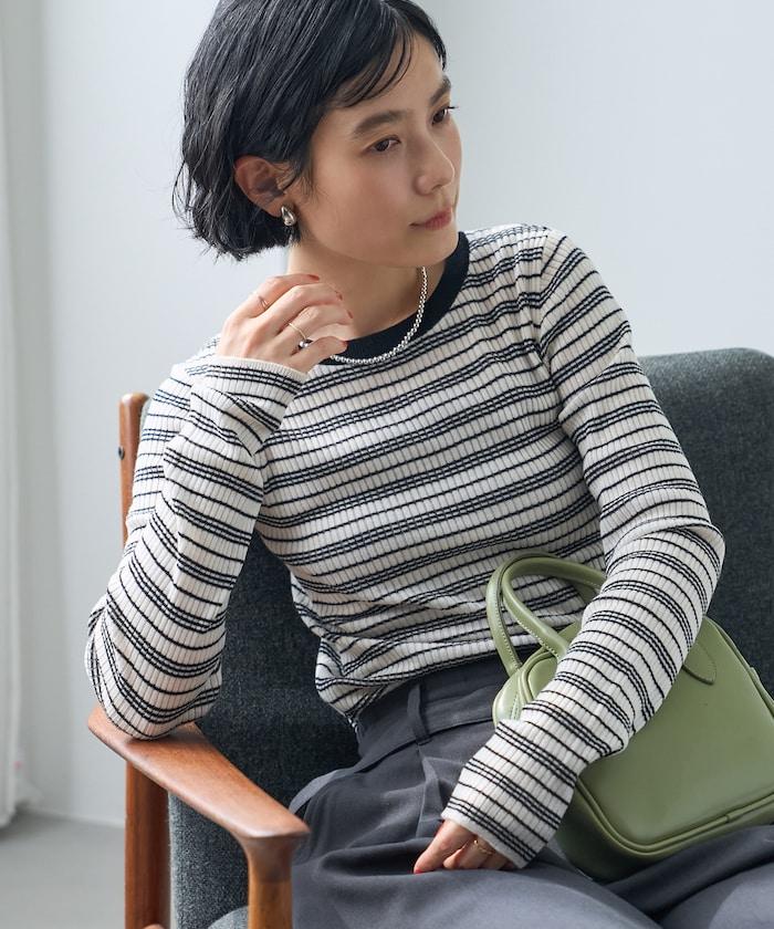 可水洗 條紋圓領針織衫