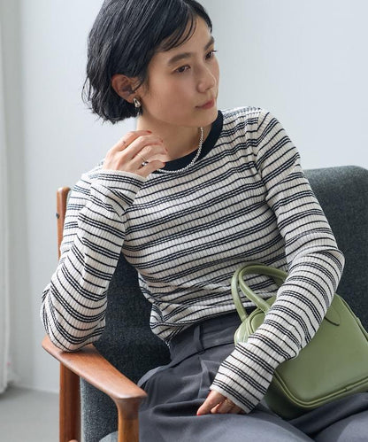 可水洗 條紋圓領針織衫