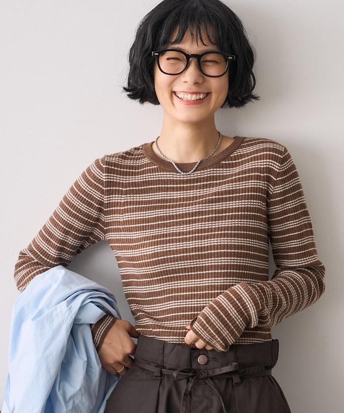 可水洗 條紋圓領針織衫