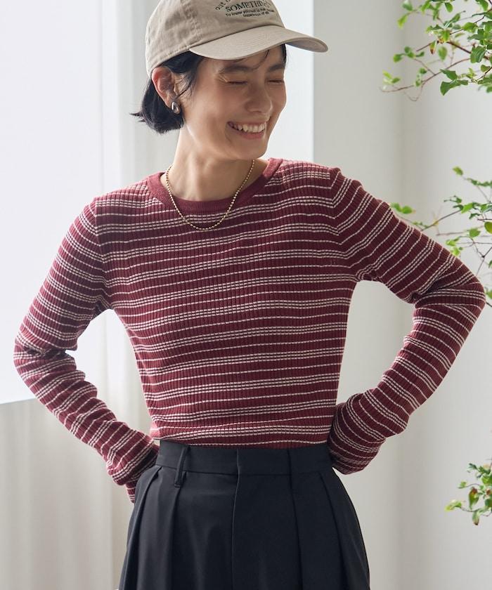 可水洗 條紋圓領針織衫
