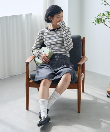 可水洗 條紋圓領針織衫