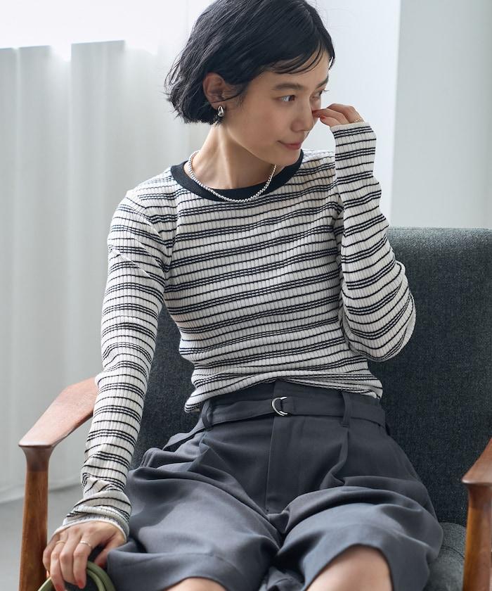 可水洗 條紋圓領針織衫