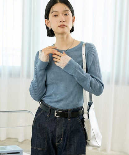 可機洗 蕾絲拼接 羅紋針織衫