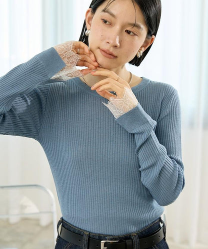 可機洗 蕾絲拼接 羅紋針織衫
