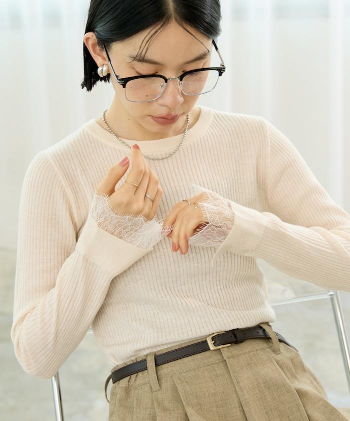 可機洗 蕾絲拼接 羅紋針織衫