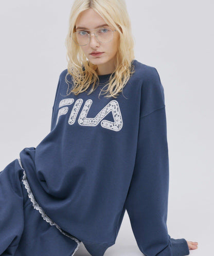 FILA 蕾絲拼接加絨圓領衛衣