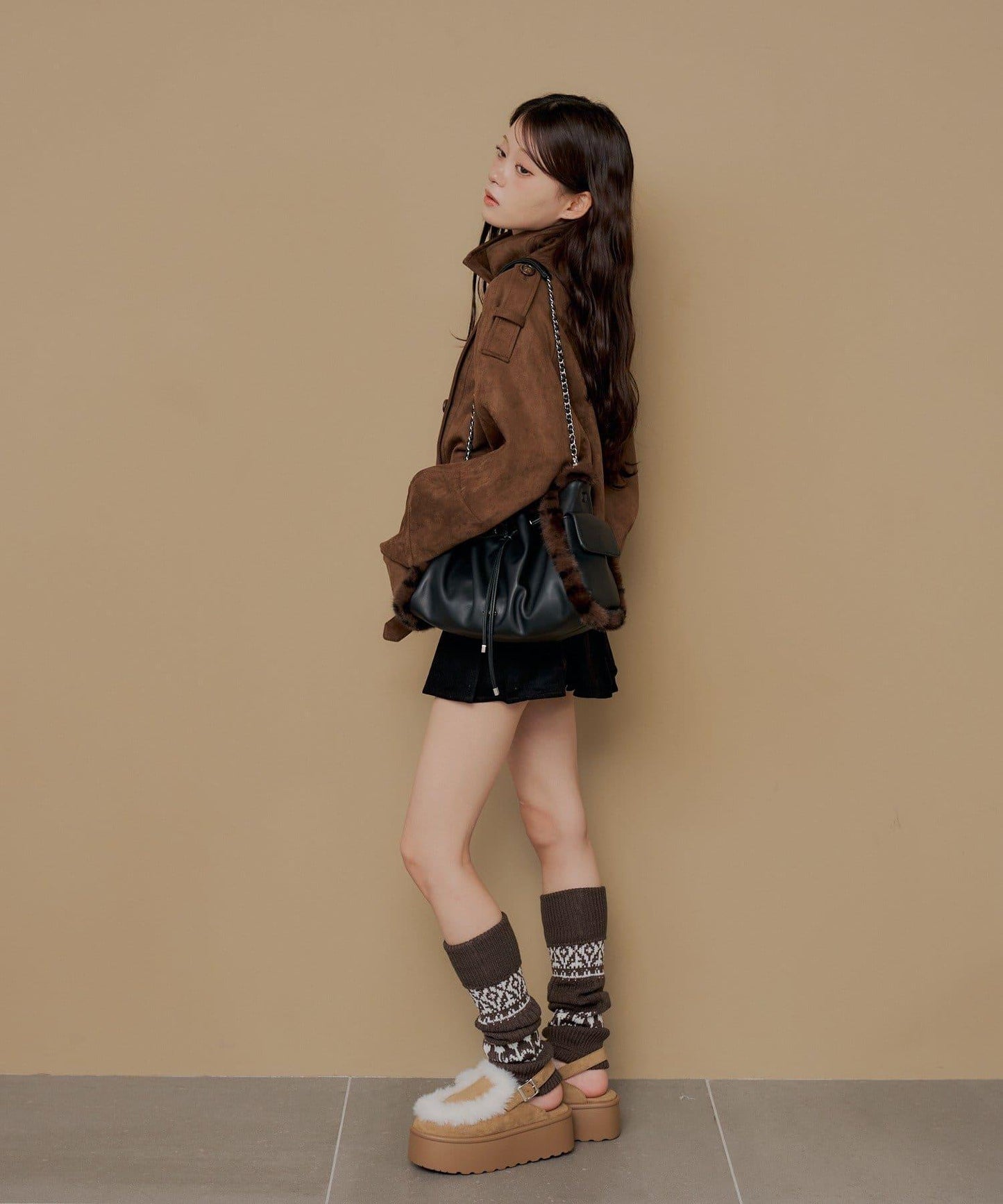 毛絨拼接鏈條單肩包