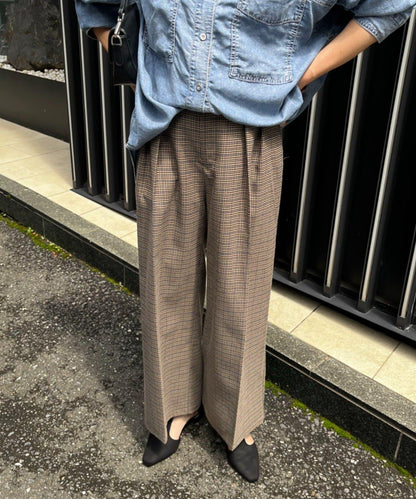 美型 亮絲格紋 打褶長褲