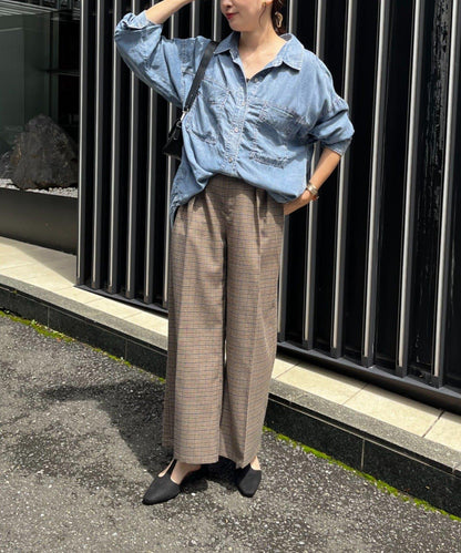 美型 亮絲格紋 打褶長褲