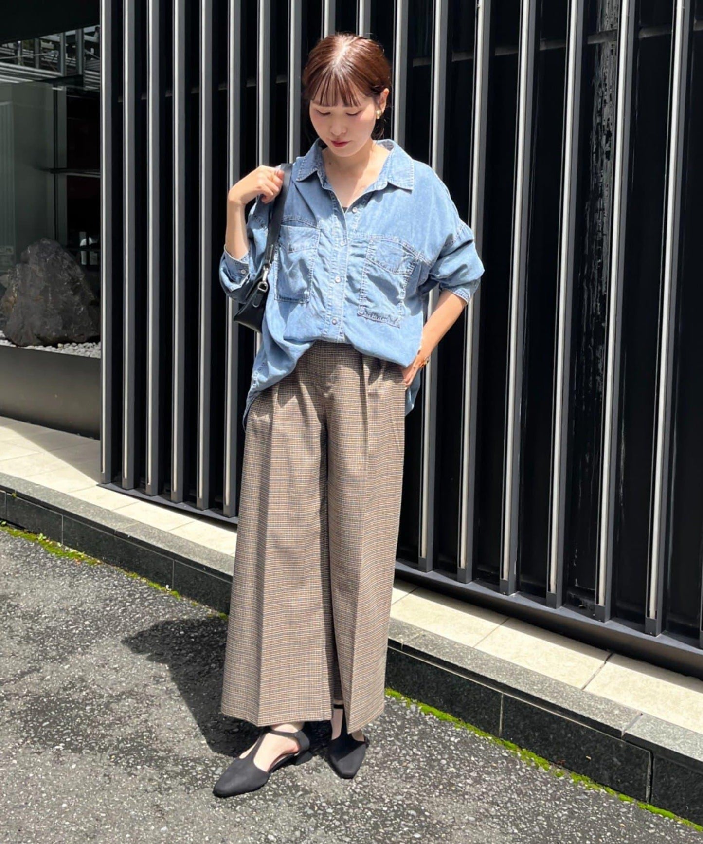 美型 亮絲格紋 打褶長褲