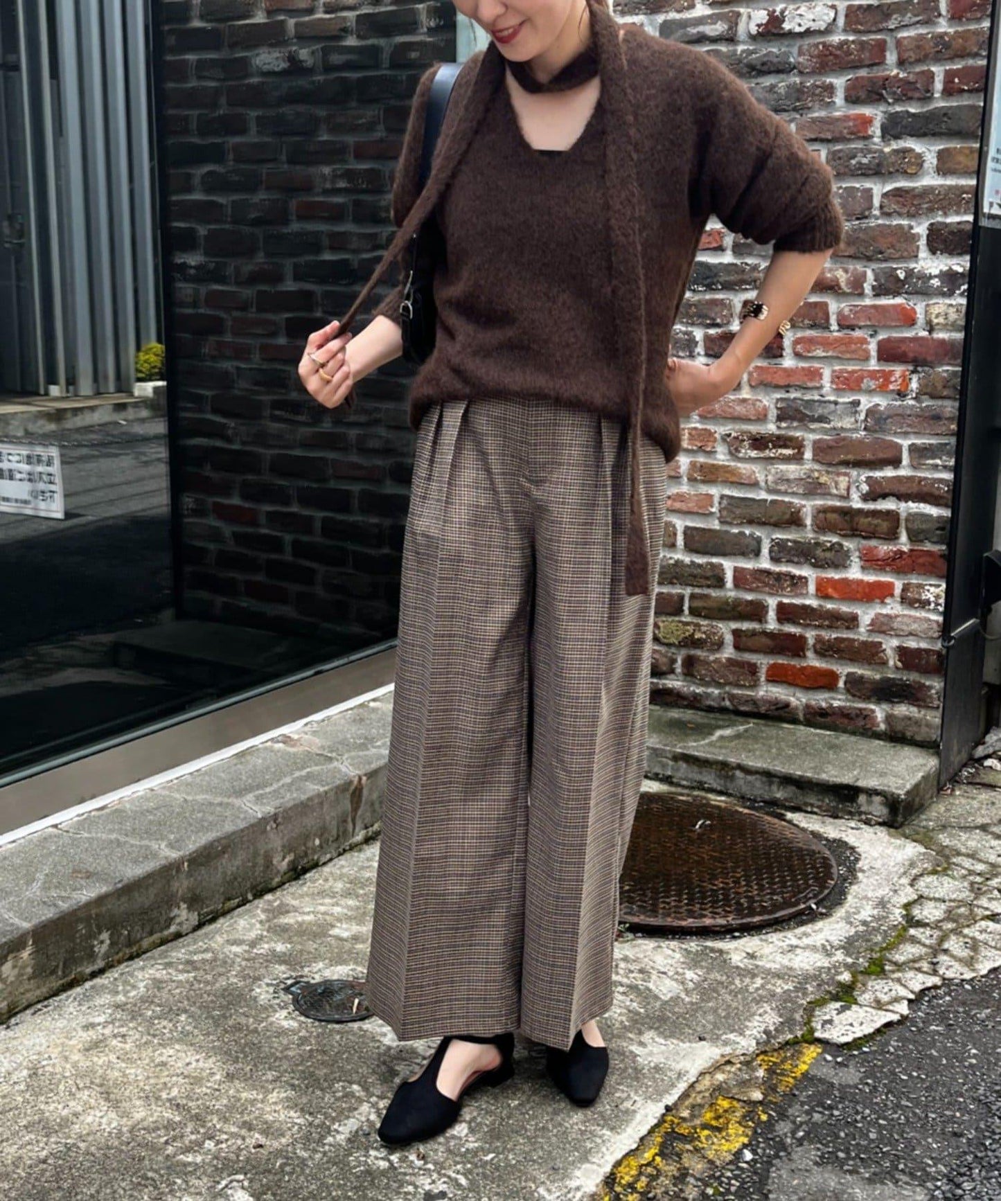 美型 亮絲格紋 打褶長褲