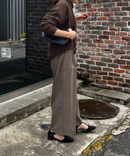 美型 亮絲格紋 打褶長褲