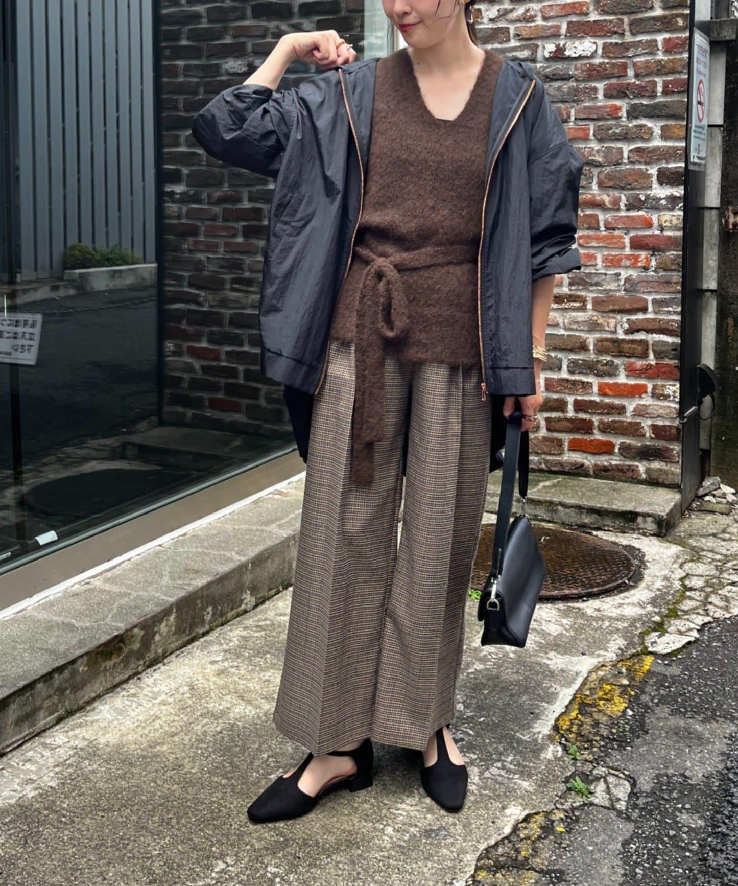美型 亮絲格紋 打褶長褲