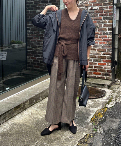 美型 亮絲格紋 打褶長褲