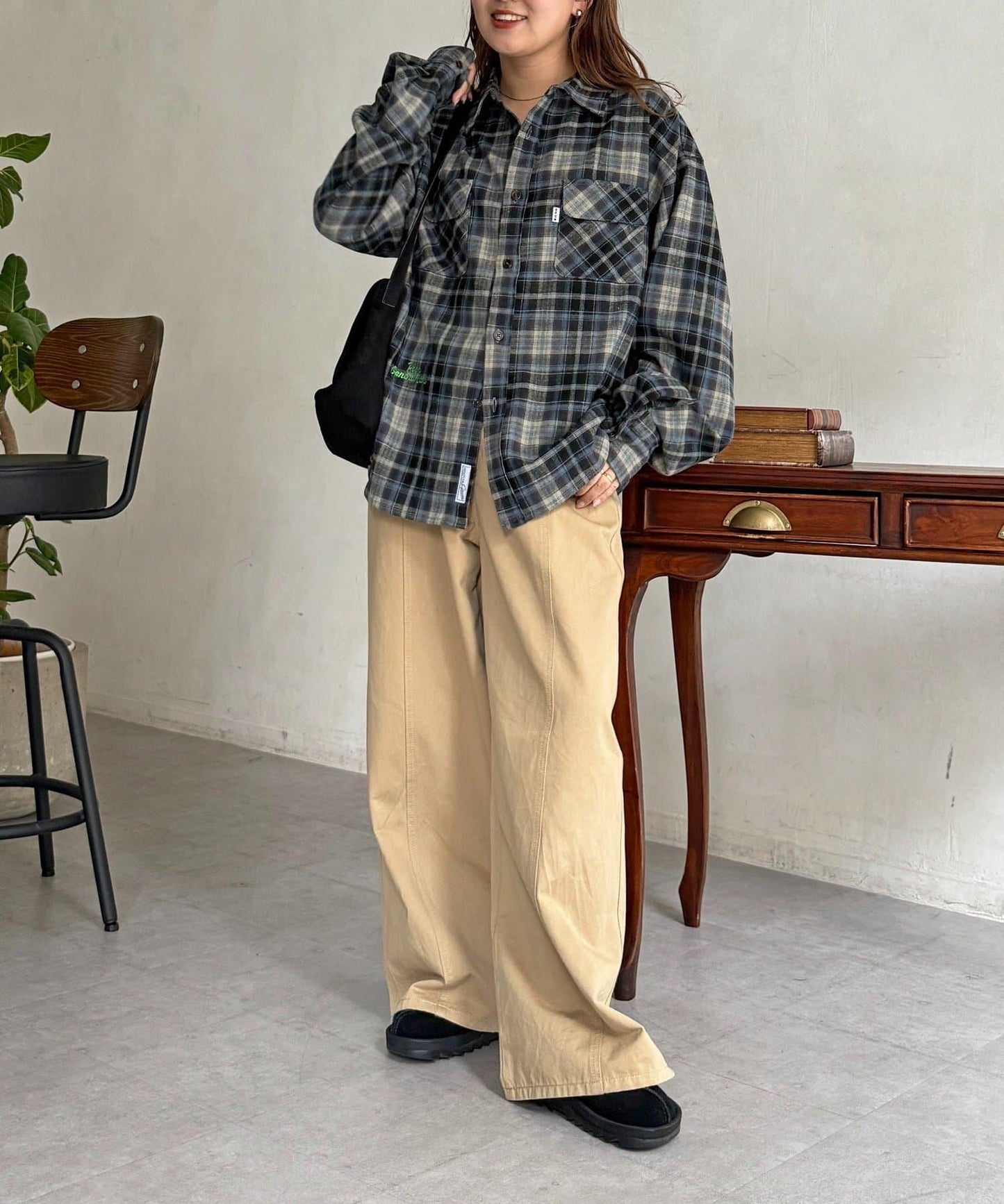 拼色Logo人造絲混紡格紋襯衫