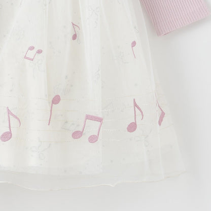 音符刺繡薄紗拼接連衣裙