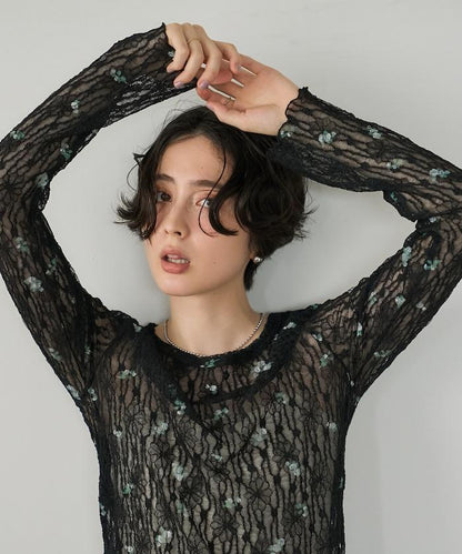 彈力蕾絲 花卉印花 針織衫